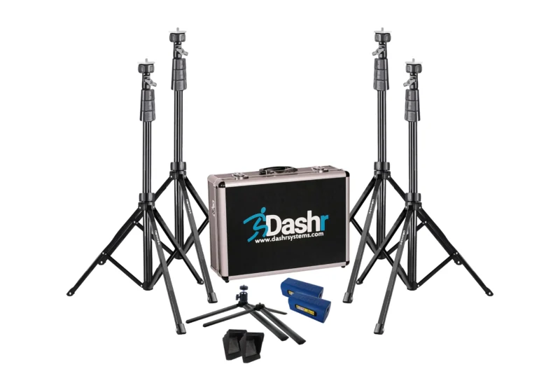 The Dashr Standard Kit includes a speed timing system setup with four sensor tripods, a branded carrying case, a timer hand switch, two weight bags, and a measuring tape.