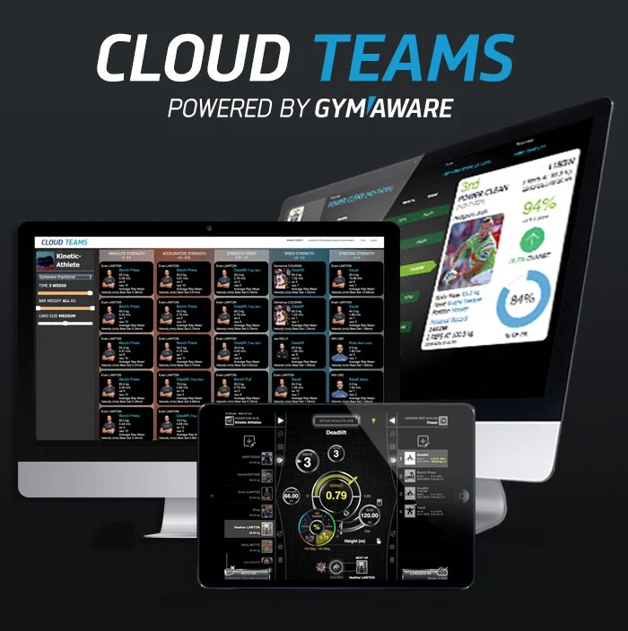 A promotional image featuring GymAware Cloud Teams Software License with various screens on a desktop, laptop, and tablet displaying fitness data and team information.