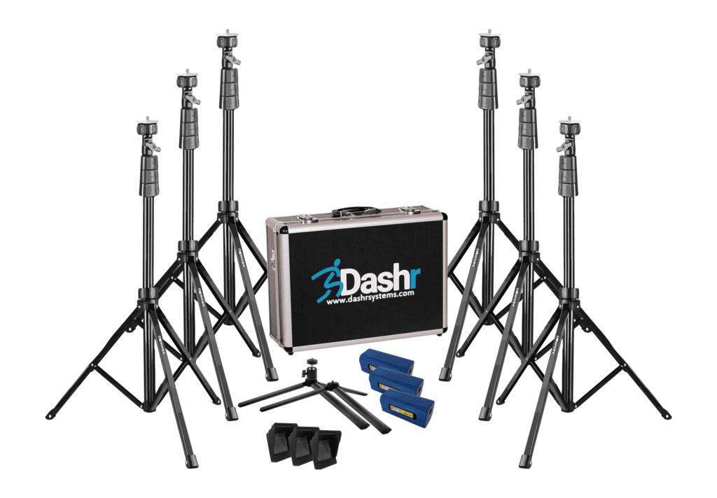 The Dashr Standard Kit includes six adjustable tripod stands, a black carrying case with a Dashr logo, two blue levels, four small black weights, and a small tripod adapter, all set against a white background.