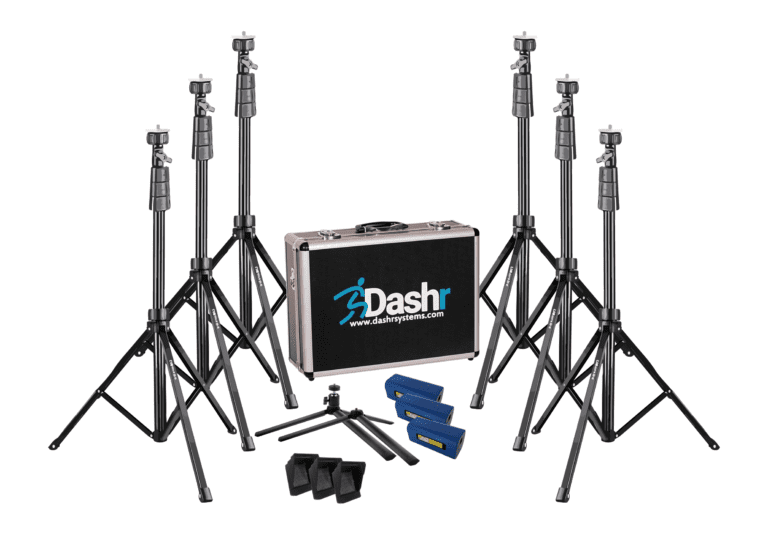 The Dashr Standard Kit includes six adjustable tripod stands, a black carrying case with a Dashr logo, two blue levels, four small black weights, and a small tripod adapter, all set against a white background.