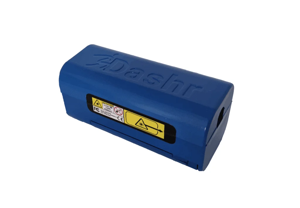 A Dashr Blue Laser Module, made of blue plastic, featuring caution symbols and a sliding mechanism.