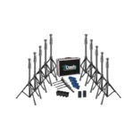 The Dashr React- Reactive Agility set includes multiple adjustable black microphone stands arranged around a brown carrying case, with additional microphone clips, blue straps, and small black devices.