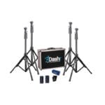 A set of four tripod stands, a Dashr carrying case, two small battery packs, and a small blue and black electronic device included in the Dashr Reactive Shuttle.