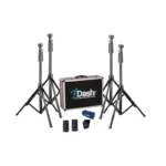 A set of four tripod stands, a Dashr carrying case, two small battery packs, and a small blue and black electronic device included in the Dashr Reactive Shuttle.