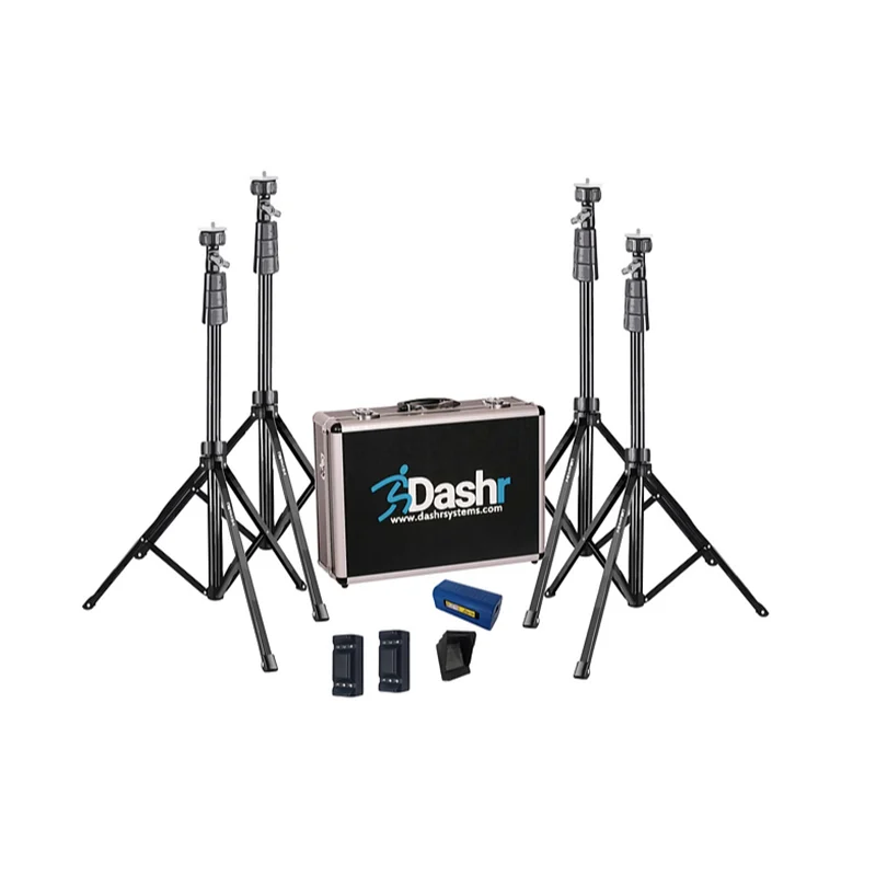 A set of four tripod stands, a Dashr carrying case, two small battery packs, and a small blue and black electronic device included in the Dashr Reactive Shuttle.