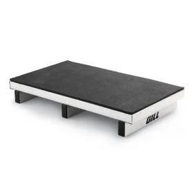 The Gill Athletics Flat Jump Platform is a black and white rectangular starting block with three raised beams, ideal for track events, featuring the Gill logo on the side.