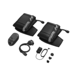 A set of black compression therapy devices, including two padded wraps with tubes labeled Normatec, a control unit, and connecting cables, arranged on a plain background.