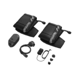 A set of black compression therapy devices, including two padded wraps with tubes labeled Normatec, a control unit, and connecting cables, arranged on a plain background.
