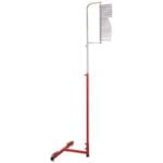 The PowerMax Vertical Jump Trainer features a tall red design with multiple horizontal prongs for hanging bicycles, mounted on a T-shaped base for stability.