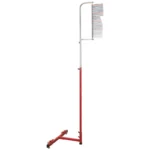 The PowerMax Vertical Jump Trainer features a tall red design with multiple horizontal prongs for hanging bicycles, mounted on a T-shaped base for stability.