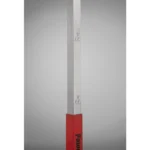 A close-up of the PowerMax Vertical Jump Trainer, a red and silver measuring rod with markings in feet and inches from 60 to 70, against a simple gray gradient background.