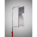 A PowerMax Vertical Jump Trainer with a red handle and multi-layered design featuring red, white, and blue elements for effective performance. A metallic frame enhances efficacy against bugs. Simple grey background.