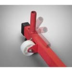 A close-up of the PowerMax Vertical Jump Trainers red metal lever with white wheels, displayed at various angles against a grey background.