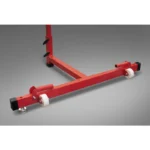 The PowerMax Vertical Jump Trainer features a red metal base with black end caps and white wheels, set against a gray background.