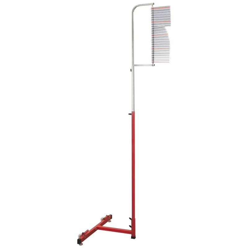 The PowerMax Vertical Jump Trainer features a tall red design with multiple horizontal prongs for hanging bicycles, mounted on a T-shaped base for stability.
