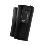 The image shows two Normatec Go devices for leg compression therapy, featuring a sleek design with visible control panels on top.