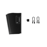 The Normatec Go, a sleek black device with a digital display on the front, is positioned to the left of two small matching black cables and an adapter against a plain background.