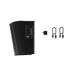 The Normatec Go, a sleek black device with a digital display on the front, is positioned to the left of two small matching black cables and an adapter against a plain background.