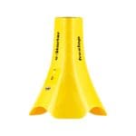 The bright yellow, smooth, freestanding conical Freelap e-Starter device features a small switch and a USB charging port, resembling a modern electronic gadget.