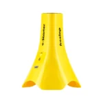The bright yellow, smooth, freestanding conical Freelap e-Starter device features a small switch and a USB charging port, resembling a modern electronic gadget.