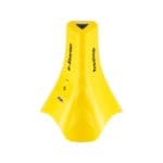 A sleek, triangular Freelap e-Starter device in bright yellow with a power button and small rectangular display on its front. The words e-Starter and freelap are printed in black on the sides.