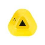 The Freelap e-Starter is a shiny, yellow triangular-shaped device featuring a black triangle at the center and a small switch on the side.