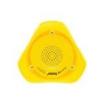 The image depicts a yellow Freelap e-Starter with a triangular shape and a circular perforated section at its center. The words freecOp and MSEGURO are printed near the edge.