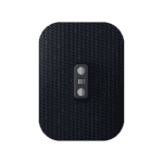 Close-up of the Venom Go, a textured black rectangular device with rounded edges. Designed as a heat and vibration wearable, it features a subtle diagonal pattern, two centered round buttons, and a dotted grid pattern between them indicating a high-tech interface.