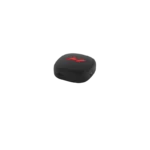 The Venom Go is a compact, square-shaped wearable in black with rounded edges and a red logo on top. It features heat and vibration functions, includes a USB-C port, and has a small side button, all elegantly isolated on a dark background.