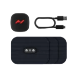 The Venom Go is a sleek black electronic muscle stimulator set featuring a small round device with a red logo, three rectangular electrode pads, and a USB-C charging cable. Enhanced by heat and vibration technology, it is beautifully displayed on a black background.