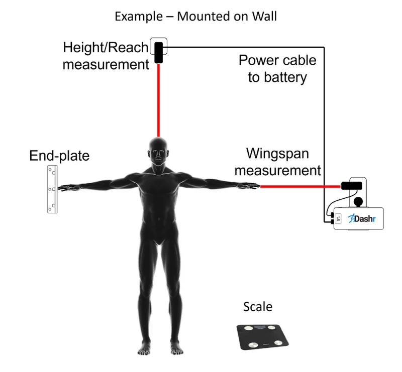 Diagram of a person with arms outstretched at the Dashr Biostation for Height/Reach measurement. Includes a floor scale, power cable connected to a battery, and labels like End-plate and Wingspan measurement.
