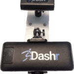 Two black rectangular Dashr Biostations with logos mounted on a metal stand, featuring connected cables for power or data transfer.