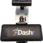 Two black rectangular Dashr Biostations with logos mounted on a metal stand, featuring connected cables for power or data transfer.