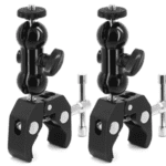 The Dashr Biostation includes two black adjustable camera mounting clamps with screw fittings and knobs, ideal for attaching cameras to flat surfaces or poles. They boast a sturdy metal build and flexible joints for optimal positioning.