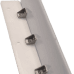 Close-up of the Dashr Biostations white L-shaped bracket with three evenly spaced metal clips. It features two holes on each side, likely for mounting.
