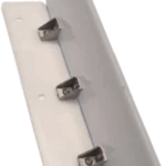 Close-up of the Dashr Biostations white L-shaped bracket with three evenly spaced metal clips. It features two holes on each side, likely for mounting.