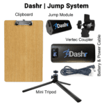 Image showing components of the Dashr Biostation: a wooden clipboard, jump module, vertec coupler, battery with power cable, and mini tripod. Each item is labeled and displayed on a white background.