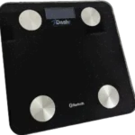 A black Dashr Biostation digital bathroom scale features four silver circular corner sensors, with the Dashr brand name near the top and a Bluetooth logo at the bottom.