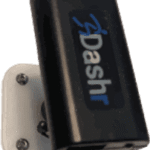 The Dashr Biostation, a compact black device featuring the Dashr logo in white and blue text, is mounted on a white bracket with four screws.