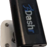 The Dashr Biostation, a compact black device featuring the Dashr logo in white and blue text, is mounted on a white bracket with four screws.