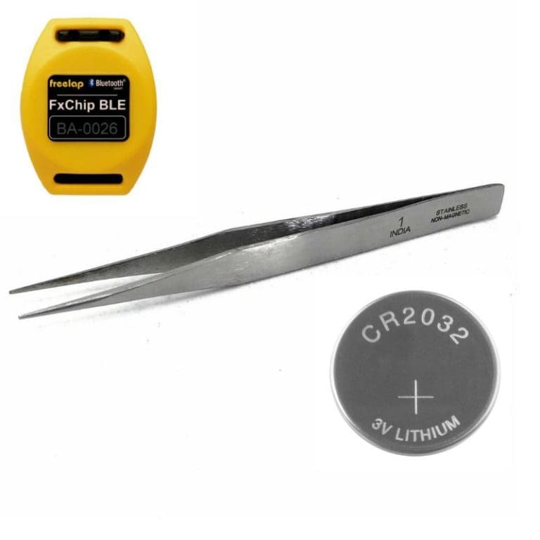 A yellow FxChip BLE device, stainless steel tweezers, and a CR2032 3V lithium battery are arranged against a white background.