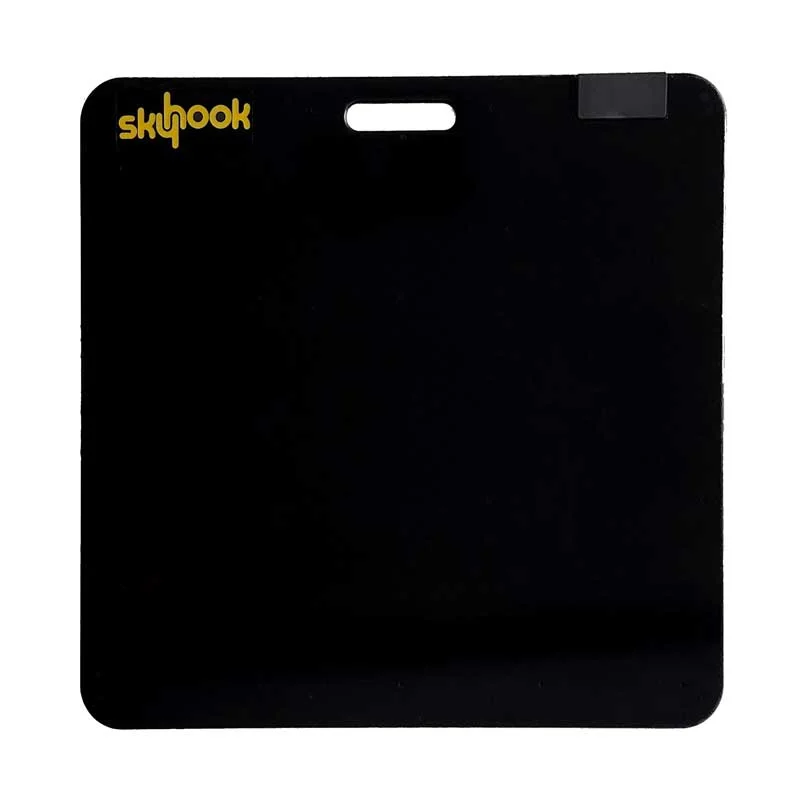 A square, black Skyhook Contact Mat with a small handle cutout at the top and a gray corner section.