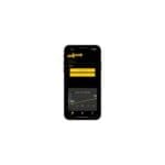 A smartphone features the Skyhook Contact Mat app interface, showing Mine and Record and Fingerprint options with a time versus average sample data graph on a black background accented in yellow.