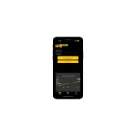 A smartphone features the Skyhook Contact Mat app interface, showing Mine and Record and Fingerprint options with a time versus average sample data graph on a black background accented in yellow.