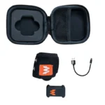 The Enode Sensor, a small black device, comes with a zippered carrying case with foam insert, a black wristband featuring the orange and white Enode Velocity Based Training logo, and a short USB cable, all shown on a white background.