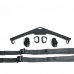 The Exxentric Upper Body Kit is displayed on a white background, featuring black straps with metal loops, a triangular support piece with multiple attachment points, and several carabiners.