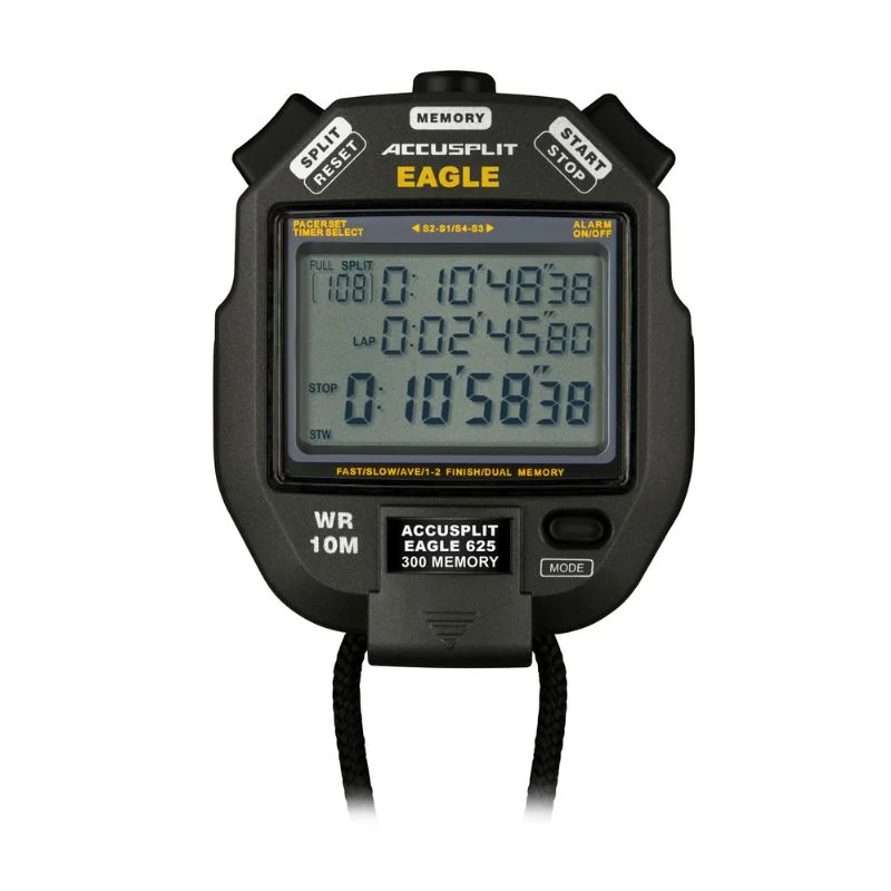 The black Accusplit AE625M300 Eagle stopwatch features a digital display for lap times and splits, buttons for split, reset, start, and stop, and includes a black cord attached at the bottom.