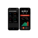Two Moxy Portal smartphones display a fitness app. The left screen shows workout type options, and the right screen displays stats, a timer, heart rate, and a graph. A red banner indicates an alarm message.