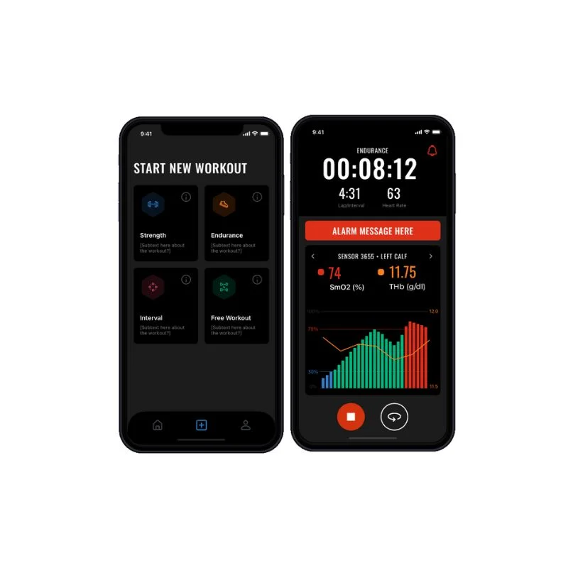 Two Moxy Portal smartphones display a fitness app. The left screen shows workout type options, and the right screen displays stats, a timer, heart rate, and a graph. A red banner indicates an alarm message.