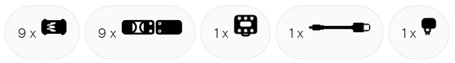 The Enode Team System includes five icons: 9 black wires, 9 black-and-white domino-like blocks, 1 black chip, 1 short black cable, and 1 small black component.